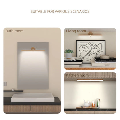 Wooden LED Night Light Mirror Front Fill Light: Portable Rechargeable Magnetic Wall Lamp for Bedroom - Bedside Lamp with Touch Switch