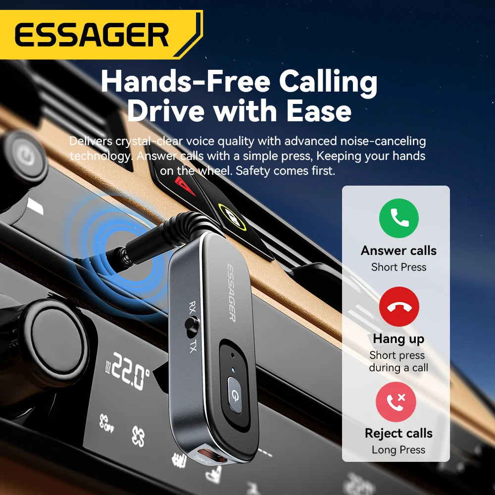Essager 2 in 1 Bluetooth 5.1 Audio Receiver & Transmitter – Wireless 3.5mm AUX Stereo Adapter for Earphones, TV, & Car