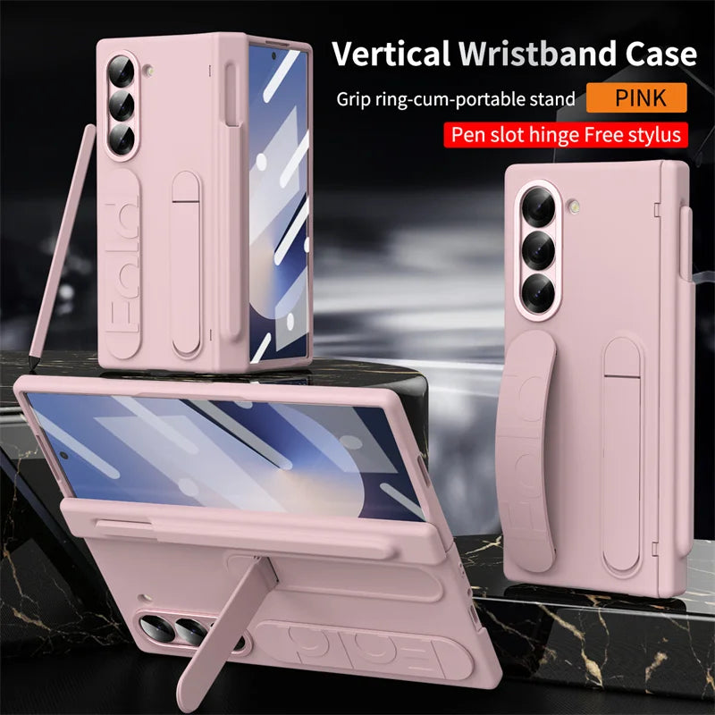 Wristband Hinge Phone Case for Samsung Galaxy Z Fold 3-7 – With Pen Slot & S Pen, Screen Protector Cover
