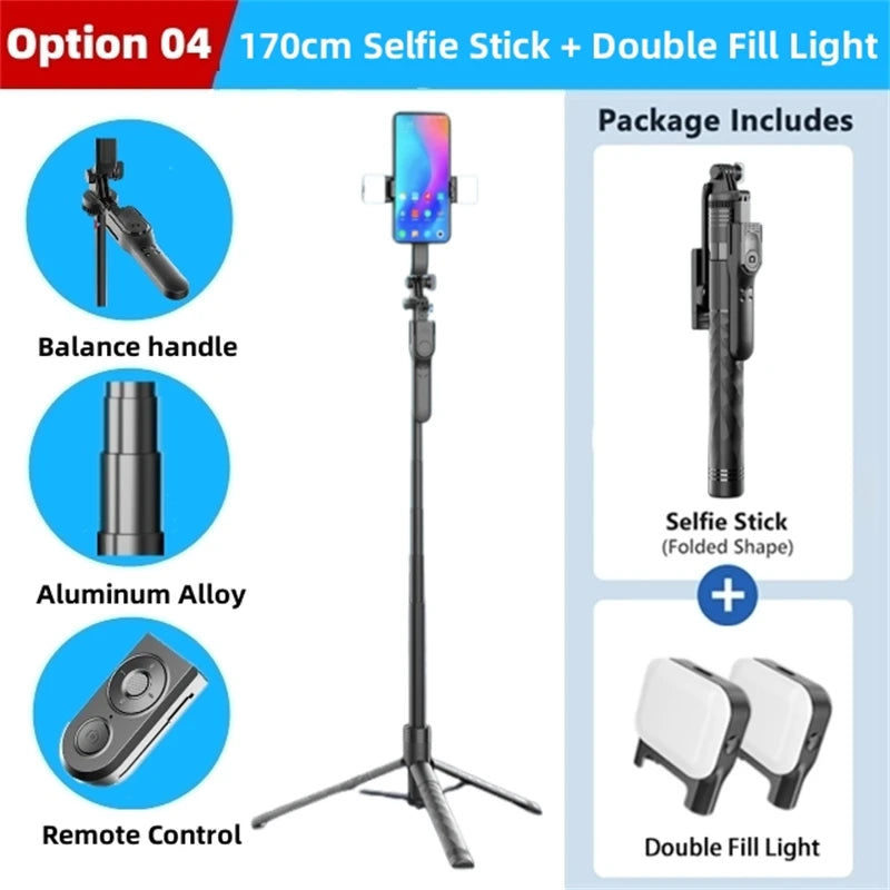 FANGTUOSI 1750mm Wireless Selfie Stick Tripod – Foldable Monopod with LED Light for Smartphones, Steady Live Shooting