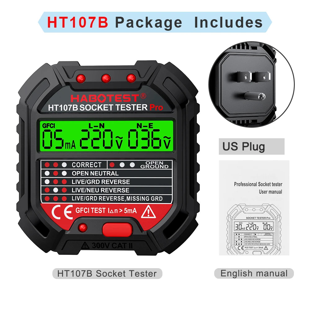 HT107 Socket Tester Pro - Voltage & RCD Test, Socket Detector for UK ...