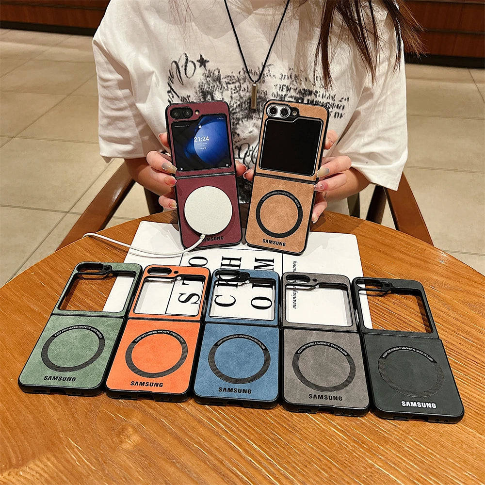 MagSafe Matte PU Leather Case for Samsung Galaxy Z Flip 6/5/4/3 & Z Fold 6/5/4/3 – Magnetic Luxury Flip Cover Skin Feel