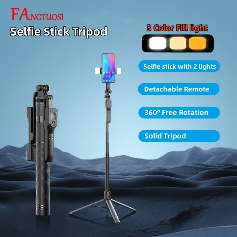 FANGTUOSI 1750mm Wireless Selfie Stick Tripod – Foldable Monopod with LED Light for Smartphones, Steady Live Shooting
