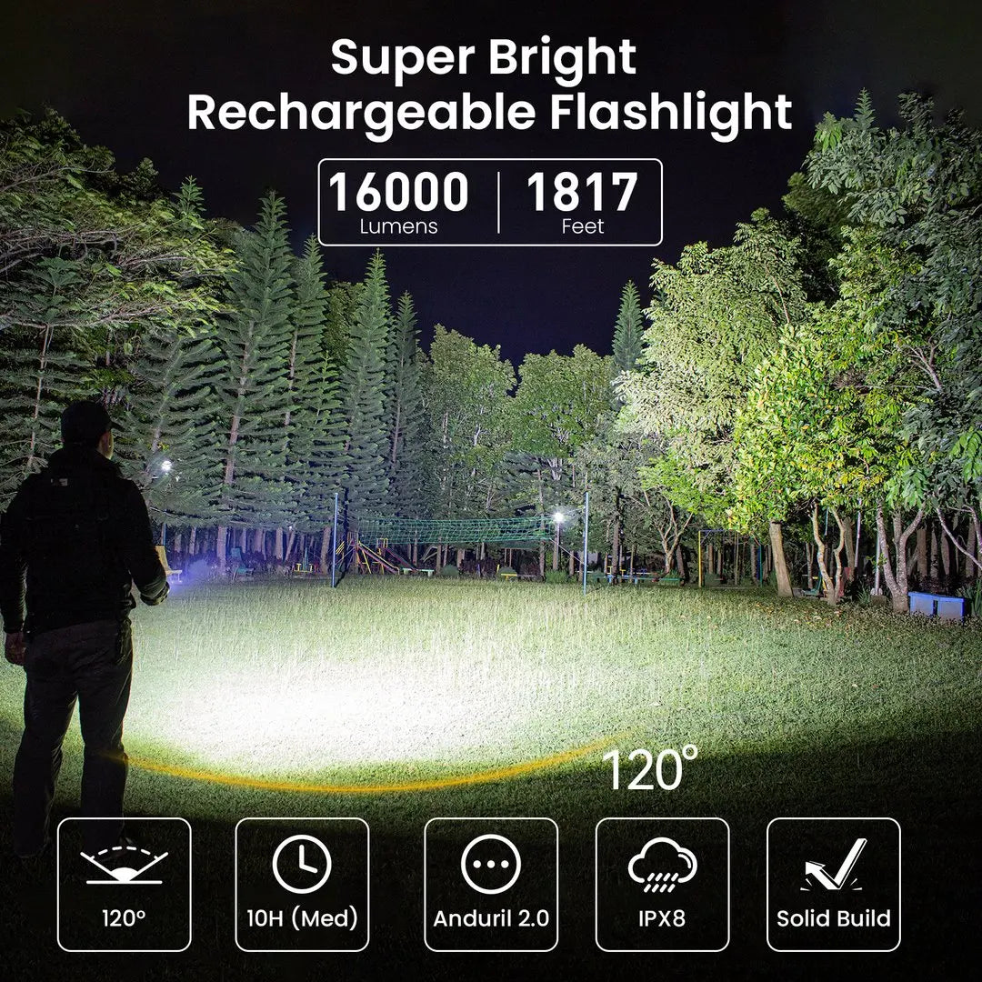 Sofirn Q8 Plus Super Powerful LED Flashlight - 16000 Lumens, USB-C Rechargeable 21700 Torch with Anduril 2.0 & Reverse Charging