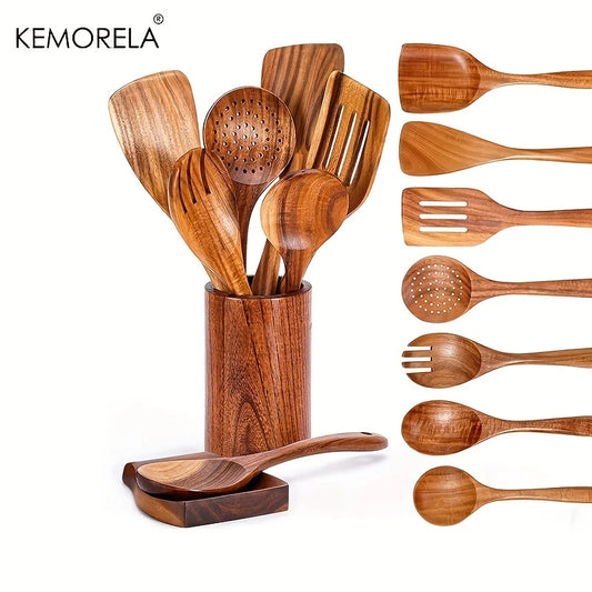 9PCS Teak Wooden Cooking Spoons Set – Kitchen Utensils with Holder