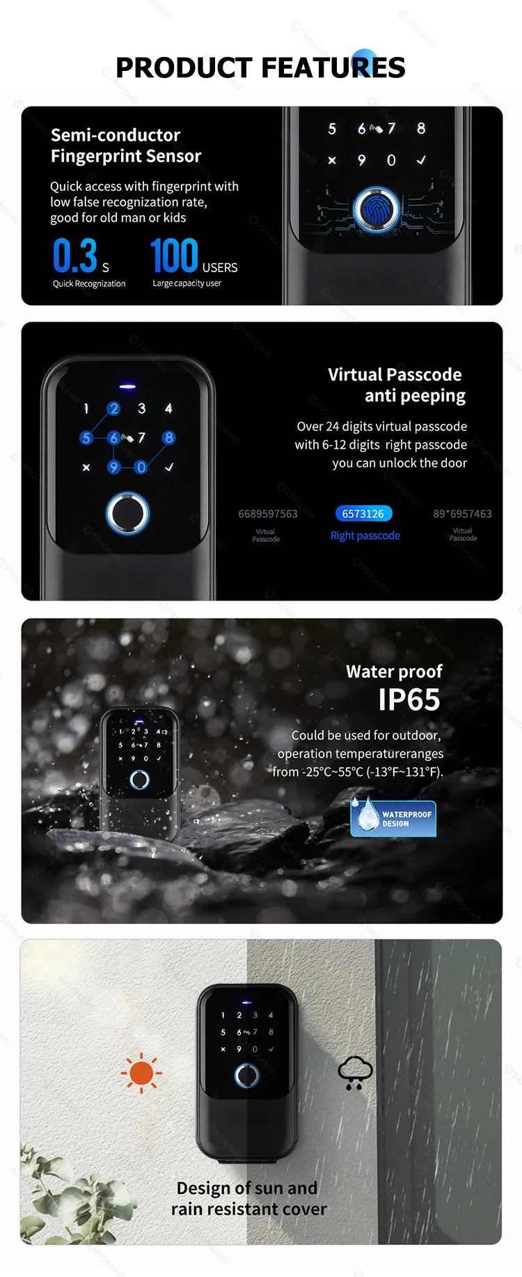 YRHAND TTlock Smart Password Fingerprint Lock Box – Digital Card & Tuya-Compatible Portable IP66 Security for Smart Homes