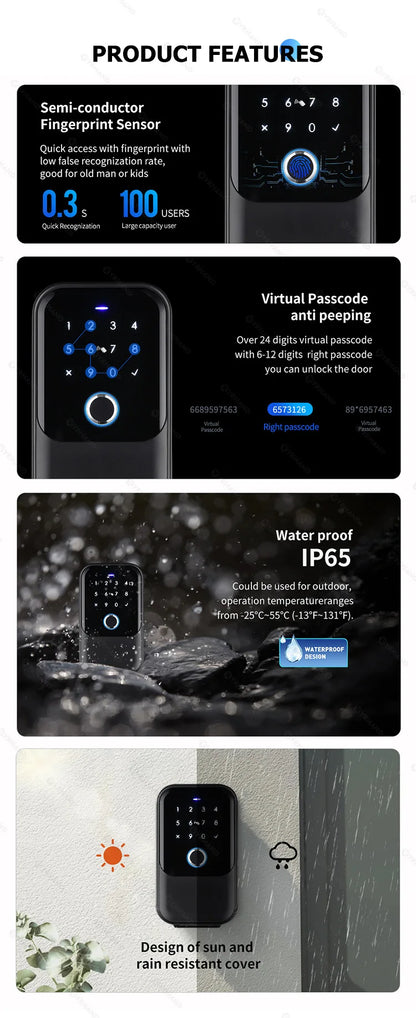 YRHAND TTlock Smart Password Fingerprint Lock Box – Digital Card & Tuya-Compatible Portable IP66 Security for Smart Homes