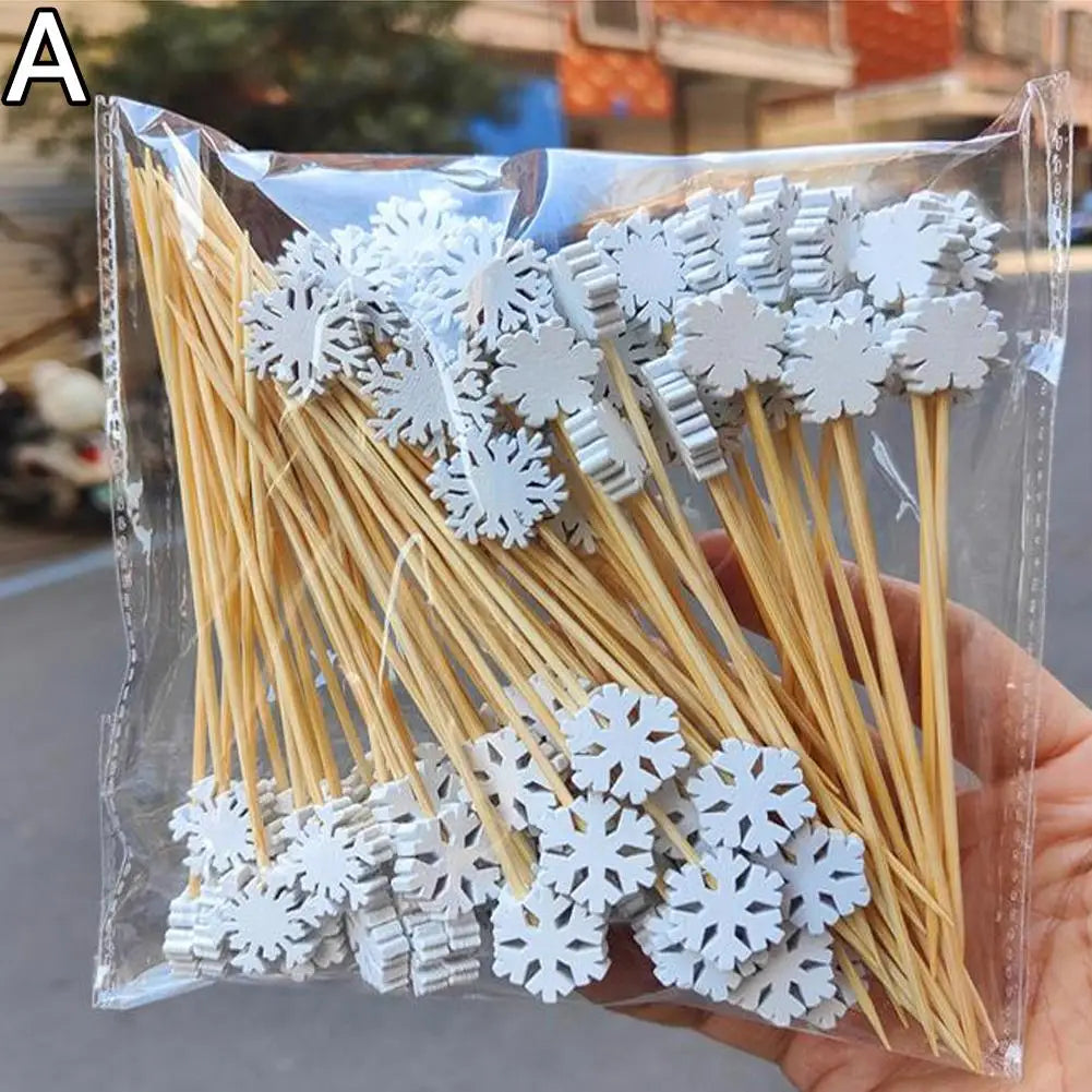 50PCS Christmas Bamboo Cocktail Picks – Santa, Snowflake & Tree Toothpicks for Drinks, Fruits, Desserts & Holiday Party Decorations 2024
