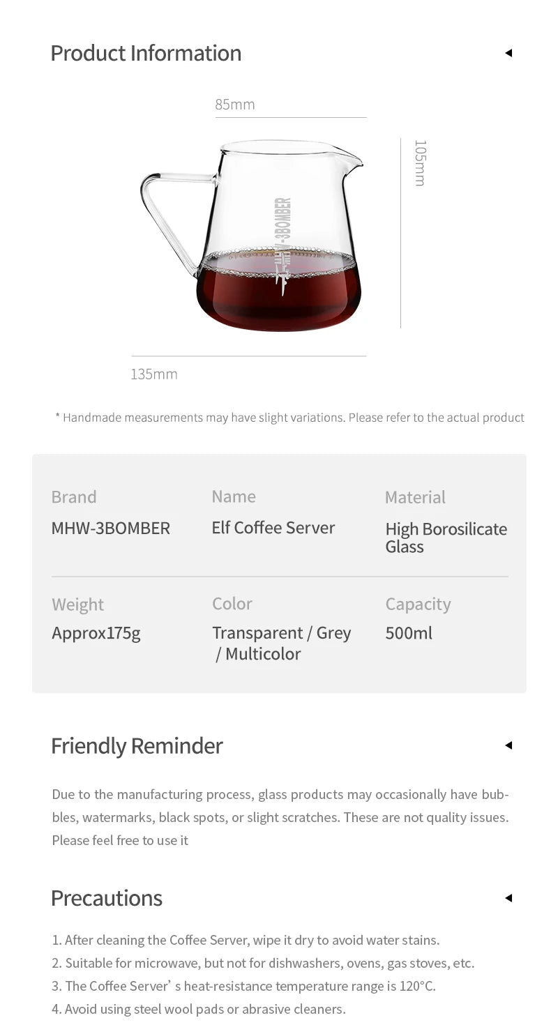 MHW-3BOMBER 500ml Glass Coffee Server — Espresso Dripper & Pour-Over Brewer Pot for Home Kitchen