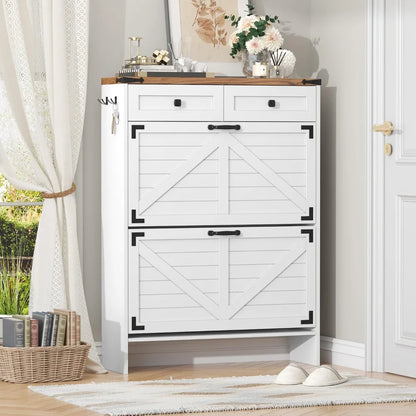 Farmhouse Shoe Storage Cabinet — Narrow Hidden Organizer with Deodorizing Function and 2 Flip Drawers