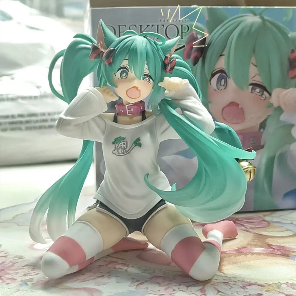 Hatsune Miku 12cm Neko Ears Figure – Cute Anime Desktop Figurine T-Shirt Ver. Kawaii Model Toy Decor