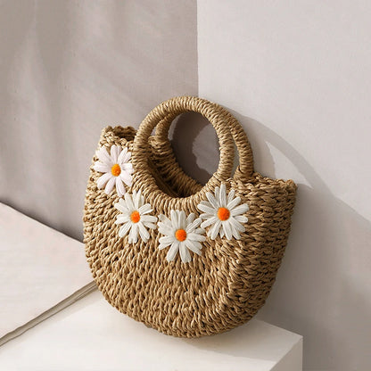Hand-Woven Straw Beach Bag – Women’s Handmade Moon Basket Crossbody Bohemian Summer Tote