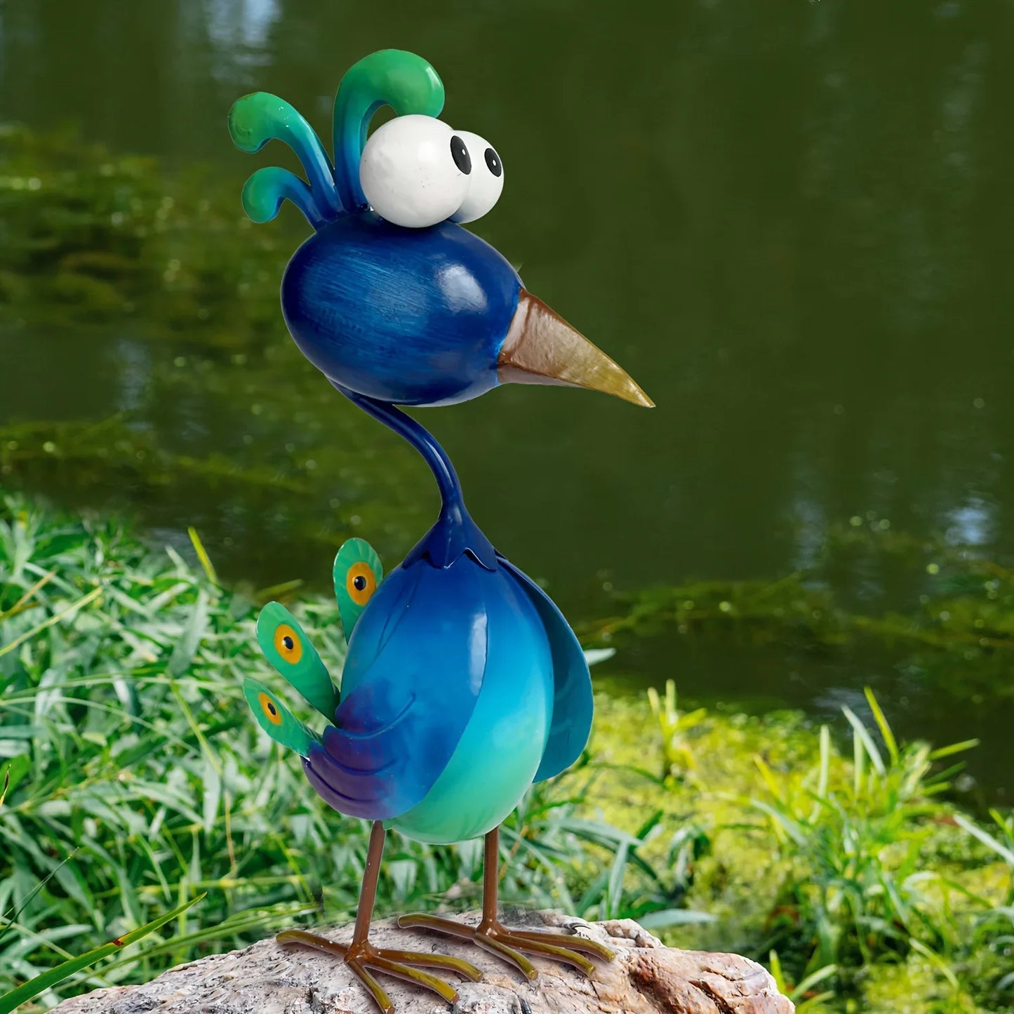 Blue Metal Peacock Sculpture — 3D Outdoor Garden Statue for Yard, Lawn, Backyard, Porch & Pond Decor