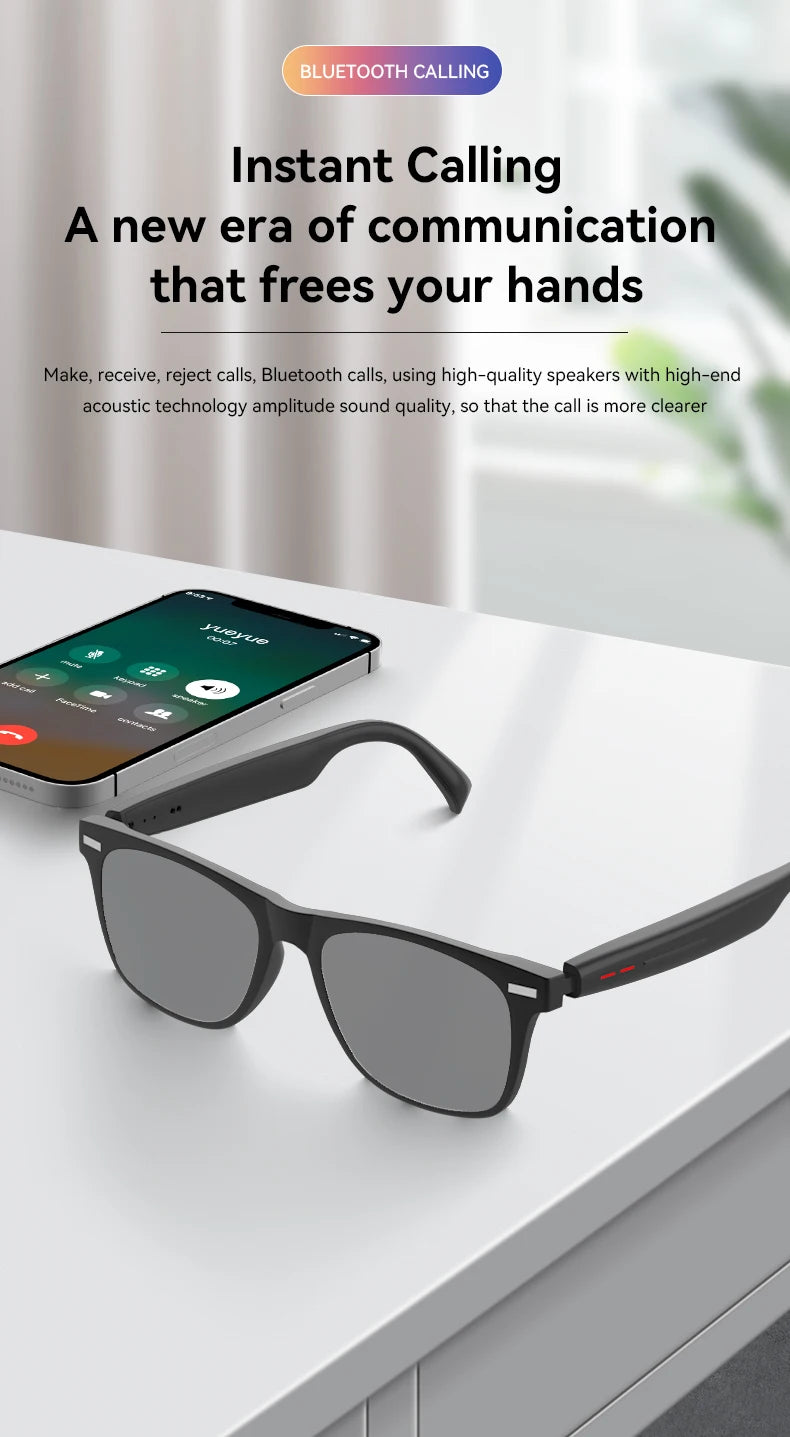 Smart Bluetooth Sunglasses for Men — Touch Control, Music & Calls, Remote Camera, Stereo Mic, AI Voice Assistant for Android & iOS