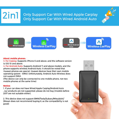 PLAYAIBOX Wireless CarPlay Adapter – 2-in-1 Dongle for Wireless CarPlay & Android Auto for iPhone & Android (Benz, Audi, Kia, Chery, Jeep)