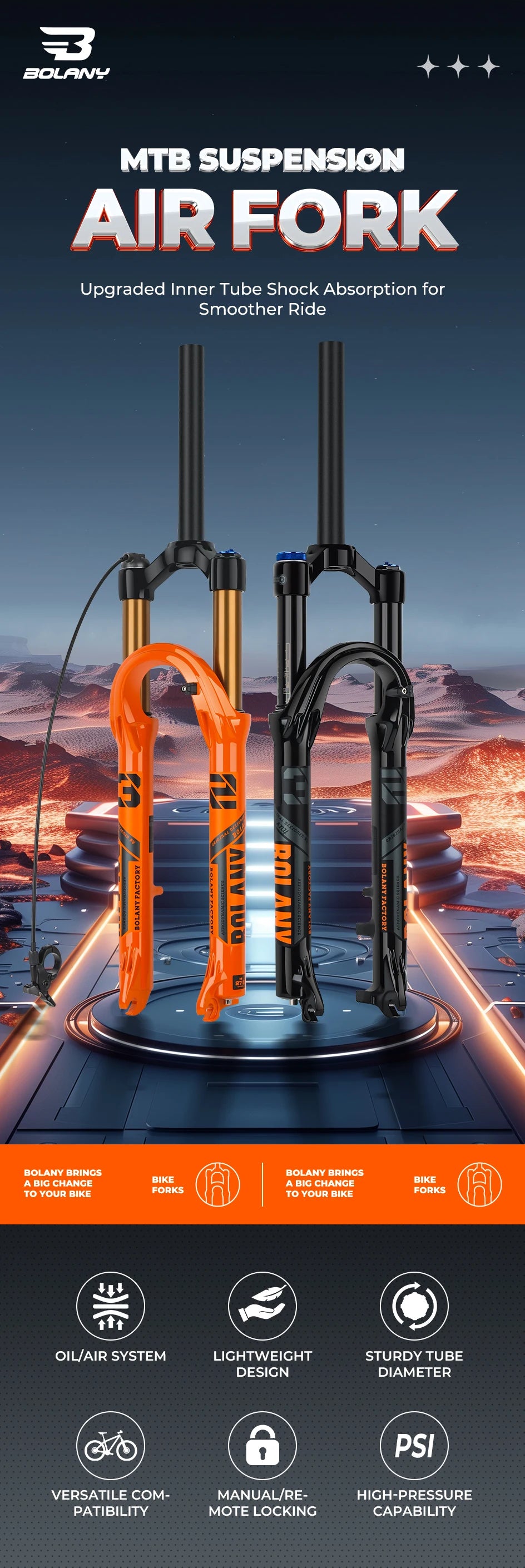 BOLANY Bike Air Fork – 27.5/29inch, 120mm Travel, Lightweight Magnesium Alloy Oil Air Suspension with Quick Release