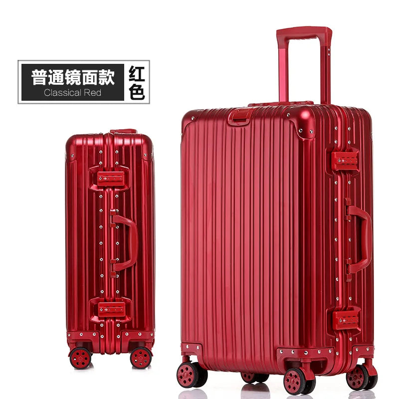 Aluminum Metal Luggage Carry-On Travel Bags - 20/22/28/30 Inch Trolley Suitcase with Cabin Size and Password Lock