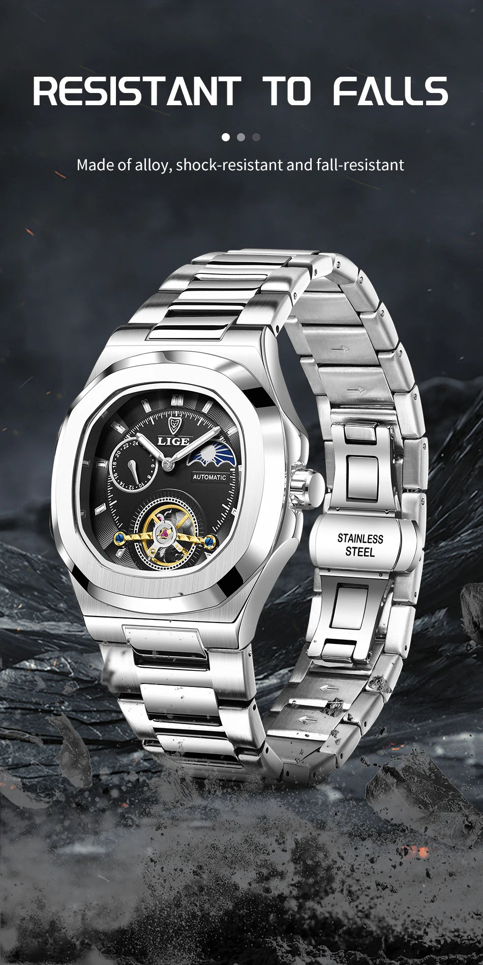 LIGE Dual Seconds Tourbillon Watch – Men's Stainless Steel Mechanical Timepiece, 24H, Night Glow, Waterproof