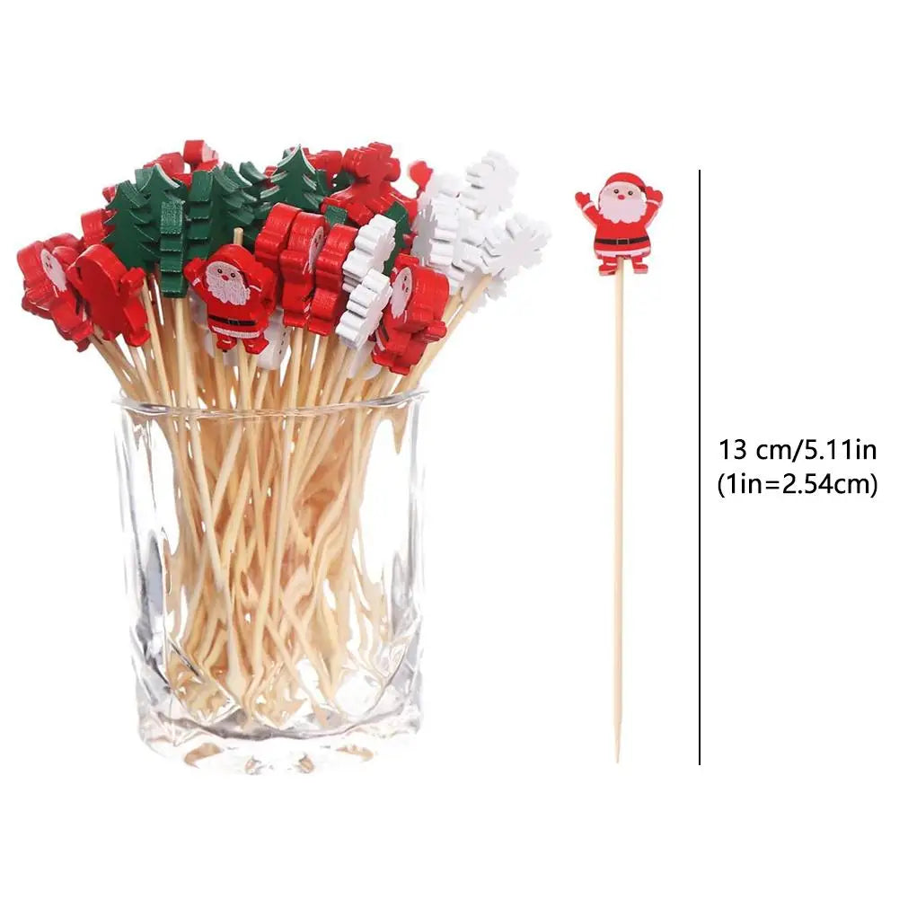50PCS Christmas Bamboo Cocktail Picks – Santa, Snowflake & Tree Toothpicks for Drinks, Fruits, Desserts & Holiday Party Decorations 2024
