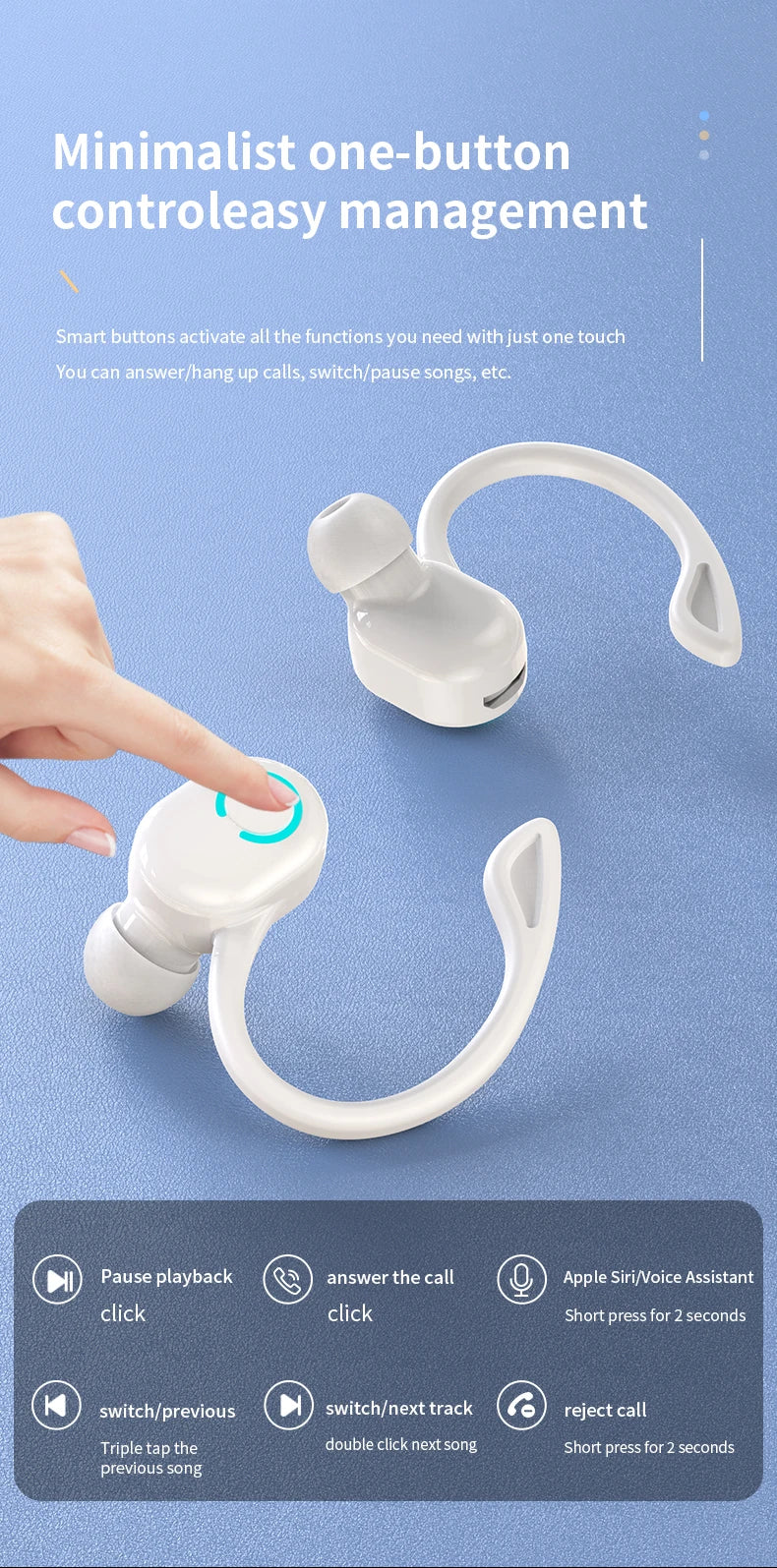 Wireless Bluetooth Earphones – HiFi Bass Ear-Hook Earbuds with HD Mic, Noise Cancelling, Waterproof Sports Gaming Headset