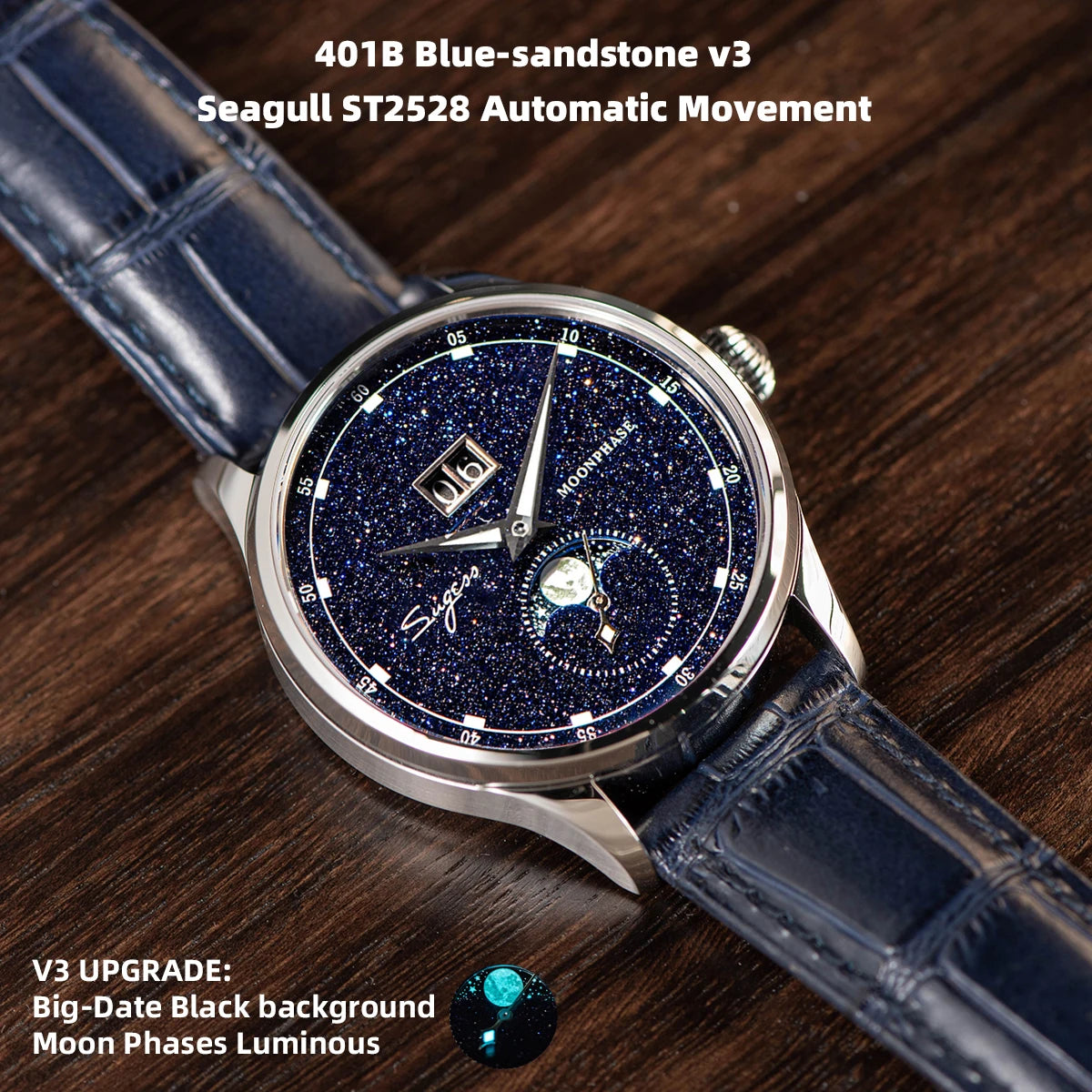 Sugess Origin ST2528 Mechanical Watch – Men's Luxury Moonphase Wristwatch with Real Blue Stone Dial & Stainless Steel Case