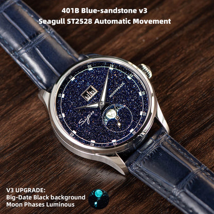 Sugess Origin ST2528 Mechanical Watch – Men's Luxury Moonphase Wristwatch with Real Blue Stone Dial & Stainless Steel Case