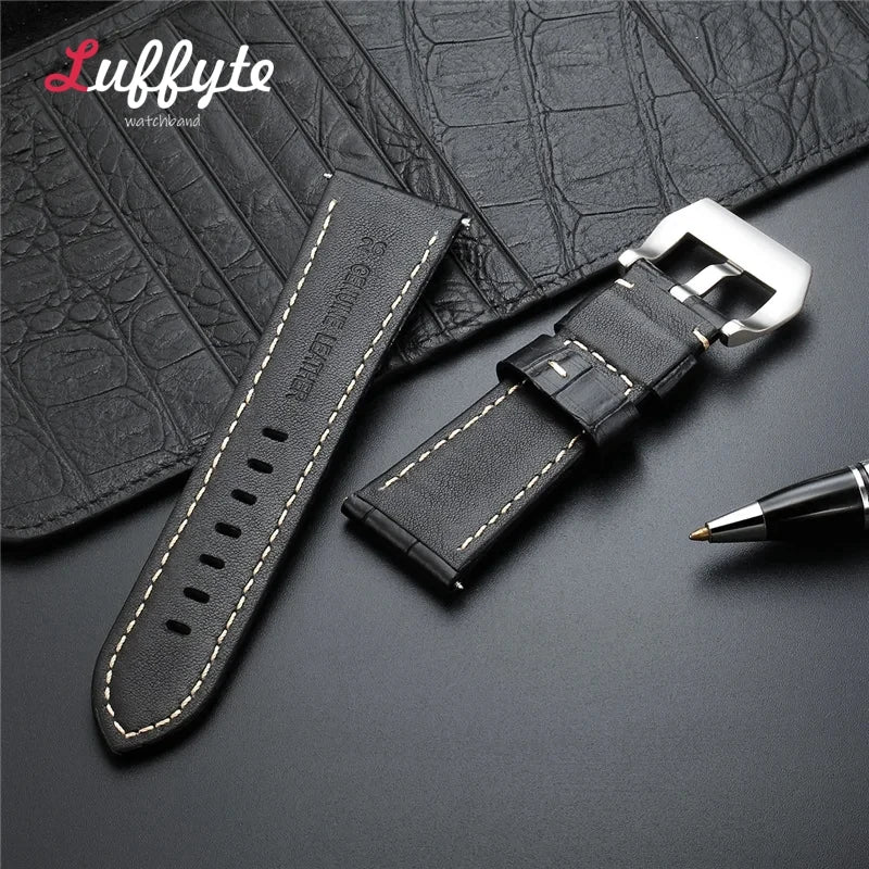 High-Quality Genuine Leather Watch Strap – 20mm-26mm Men's Band in Black, Brown & Blue