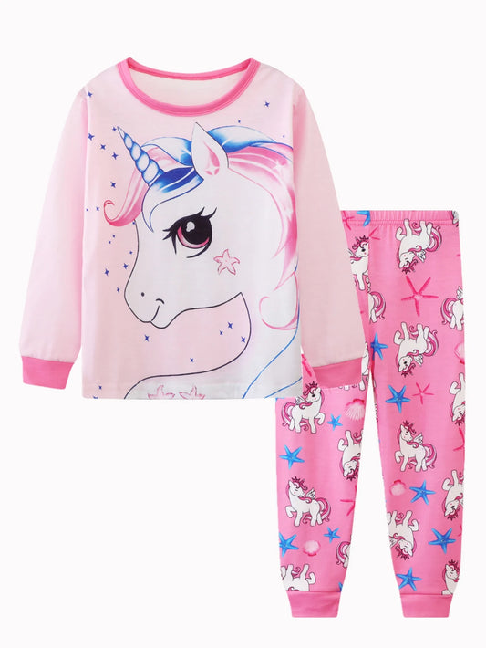 Girls Unicorn Cartoon Pajama Set – Long Sleeve Two-Piece Sleepwear for Kids