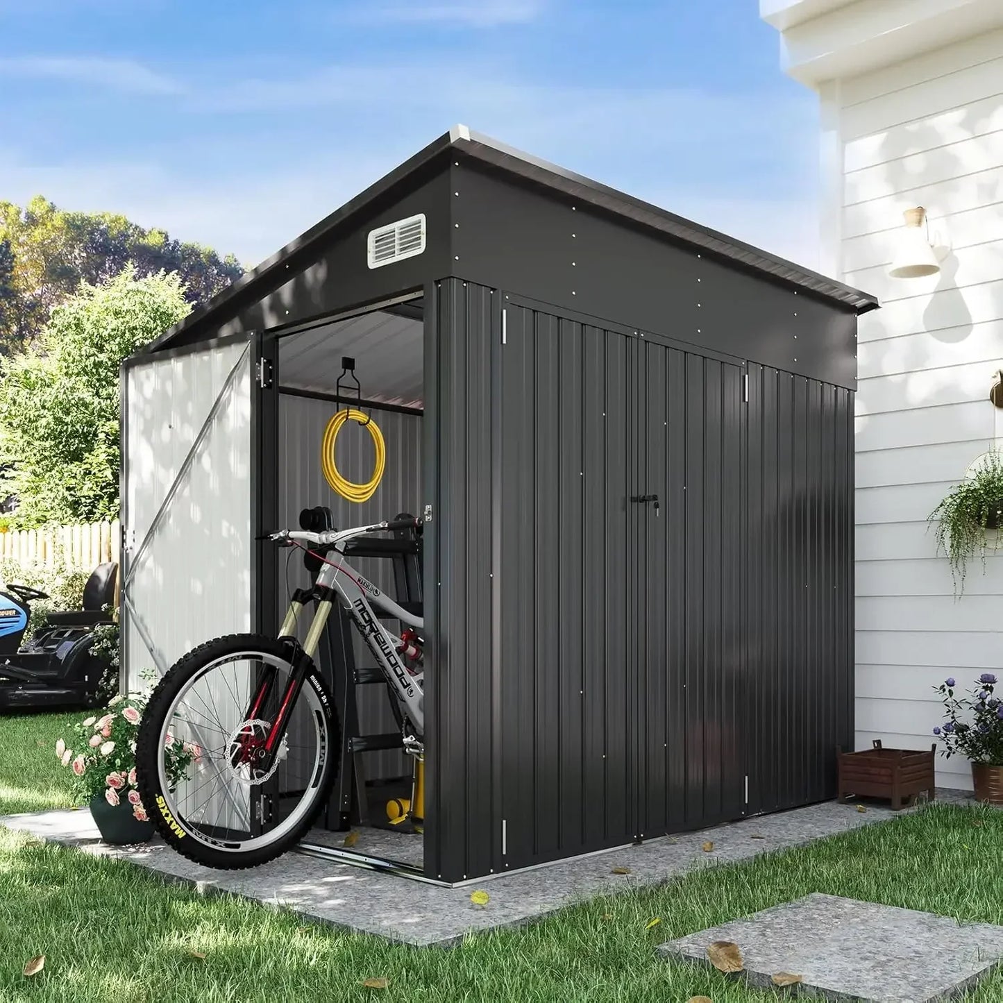 11.5'x7.5' Outdoor Metal Storage Shed – Triple Lockable Door with Sloping Roof for Tools & Bicycles