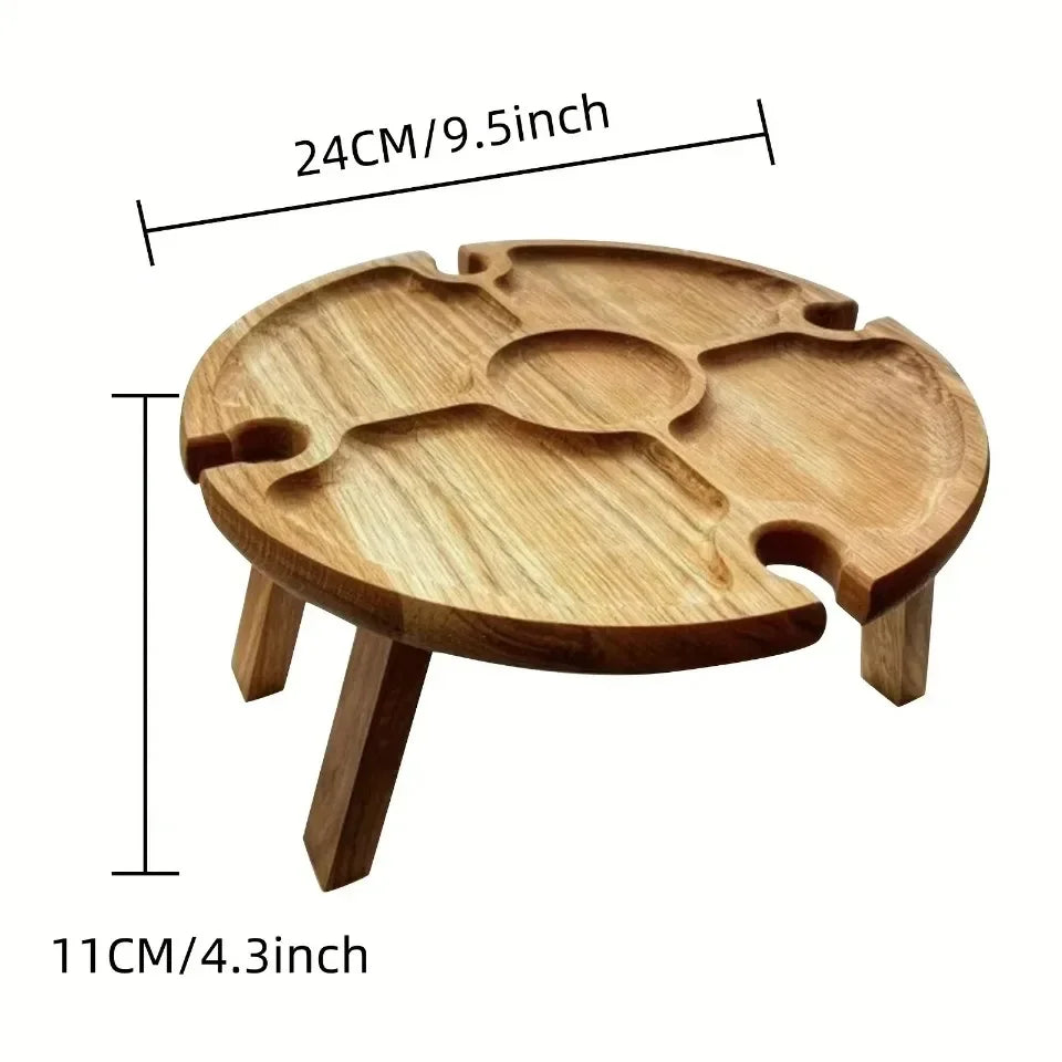 Wooden Folding Picnic Table – Round Foldable Desk with Wine Glass Rack, Portable Snack Table for Outdoor Camp