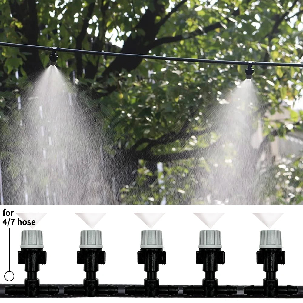 10-20M Automatic Garden Irrigation System – Portable Misting Fog Nozzles with 4/7mm Tee Connector for Patio & Hose Spray