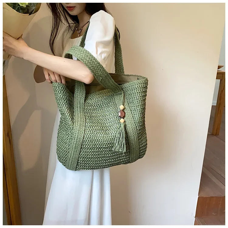 Elegant Straw Woven Handbag – Women’s Retro Beach & Casual Tote Top-Handle Shoulder Bag 2024
