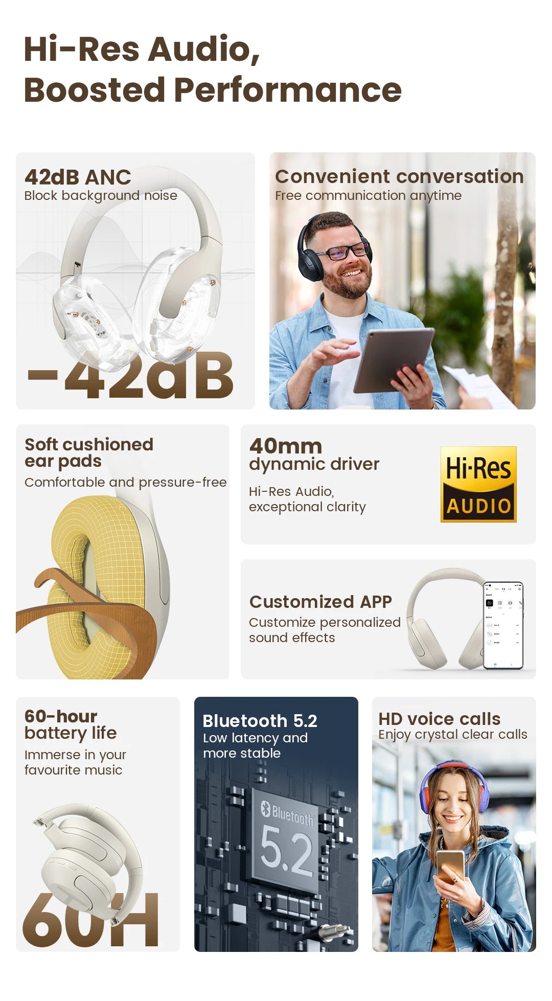 HAYLOU S35 ANC Wireless Headphones - Over-Ear Bluetooth 5.2, 42dB Active Noise Cancelling, 60-Hour Battery, 40mm Dynamic Driver