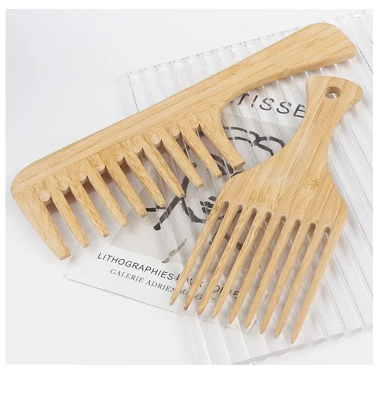 Natural Bamboo Wooden Hair Comb – Anti-Static Afro Fork, Wide Tooth Round Comb & Hair Brush for Women