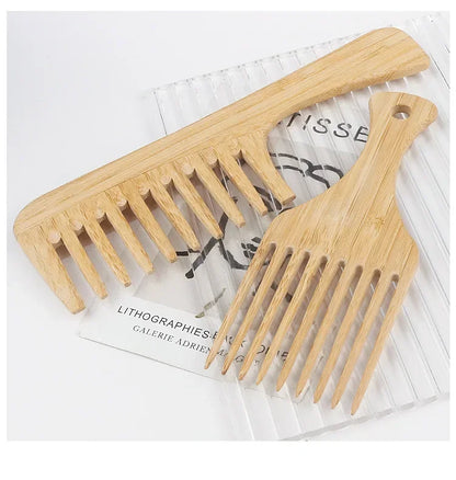 Natural Bamboo Wooden Hair Comb – Anti-Static Afro Fork, Wide Tooth Round Comb & Hair Brush for Women