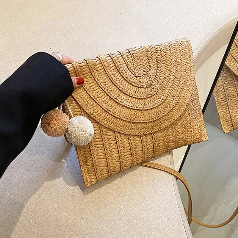 Handmade Straw Beach Bag – Small Woven Summer Shoulder Crossbody Clutch with Hair Ball