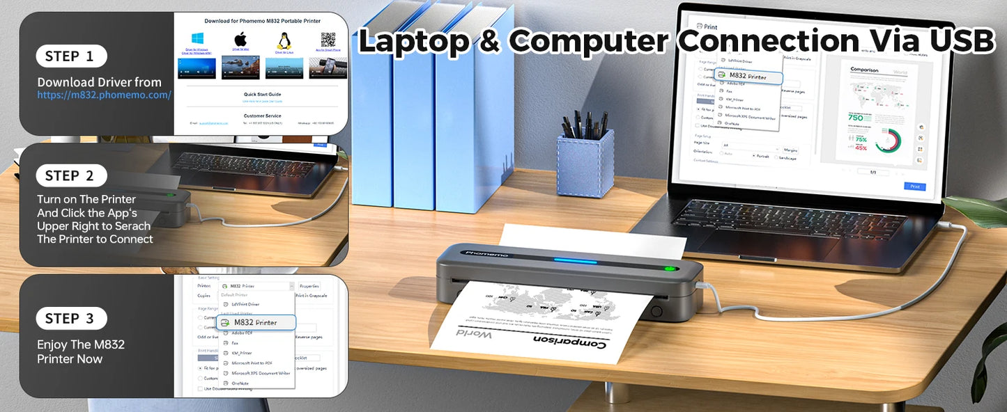 New A4 Portable Wireless Printer M832 – Inkless Thermal 300DPI Mobile Printer for Travel, Work & Home, Android & iOS Support