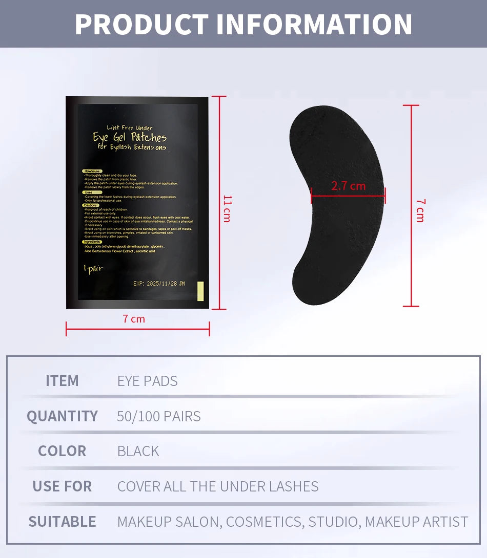 50 Pairs UV Black Hydrogel Eye Gel Patches | Eyelash Extension Padding & Makeup Stickers | Under Eye Gel Pads