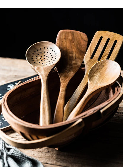 9PCS Teak Wooden Cooking Spoons Set – Kitchen Utensils with Holder