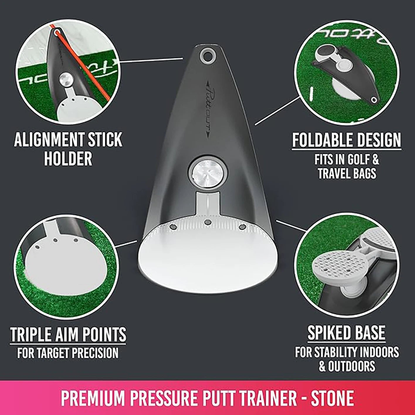 Golf Putter Practice Alignment Tool – Foldable Stick Holder with Triple Aim Points & Spiked Base for Indoor & Outdoor Use