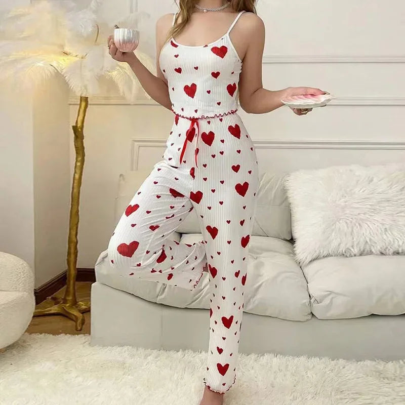 Women’s Autumn Winter Pajama Set – Heart Print Sleeveless Cami Top & Long Pants Sleepwear