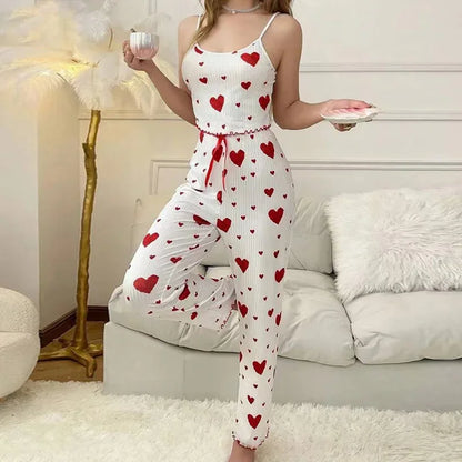 Women’s Autumn Winter Pajama Set – Heart Print Sleeveless Cami Top & Long Pants Sleepwear