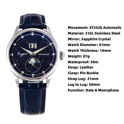 Sugess Origin ST2528 Mechanical Watch – Men's Luxury Moonphase Wristwatch with Real Blue Stone Dial & Stainless Steel Case