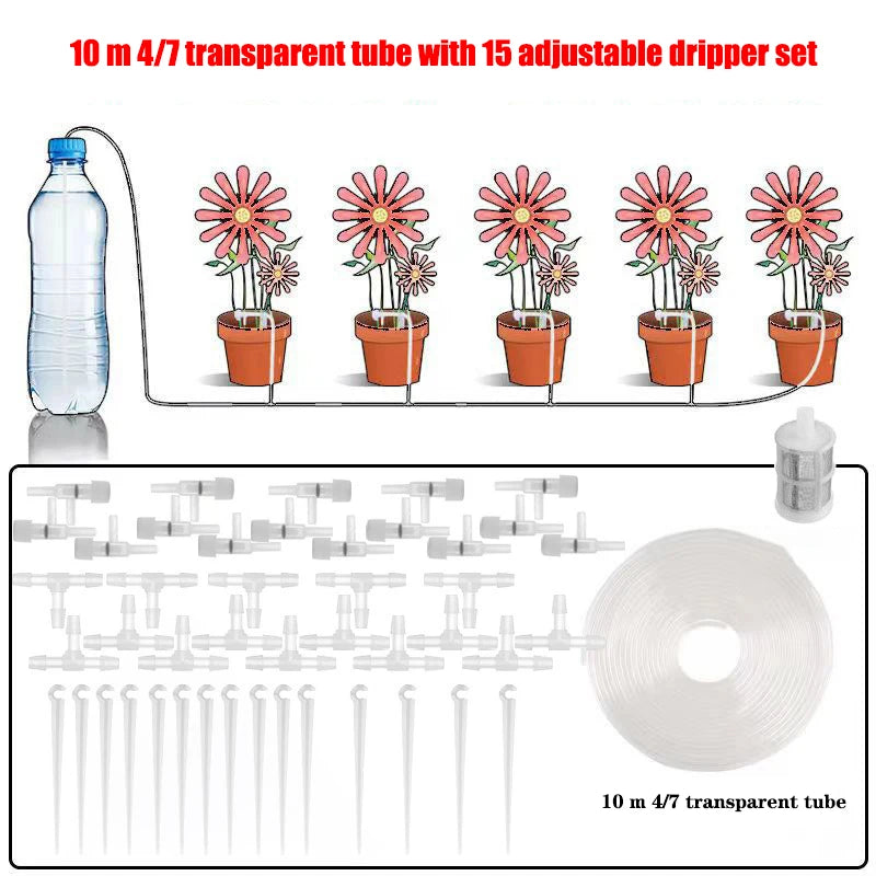 Garden Drip Irrigation Kit — Water-Saving Micro Dripper System with Regulating Valve and 4/7mm Hose for Potted Plants and Greenhouse