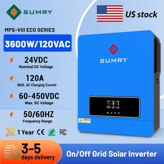 Sumry 3.6kW Hybrid Solar Inverter — 24V DC to 110/120V AC Dual Output with 120A MPPT