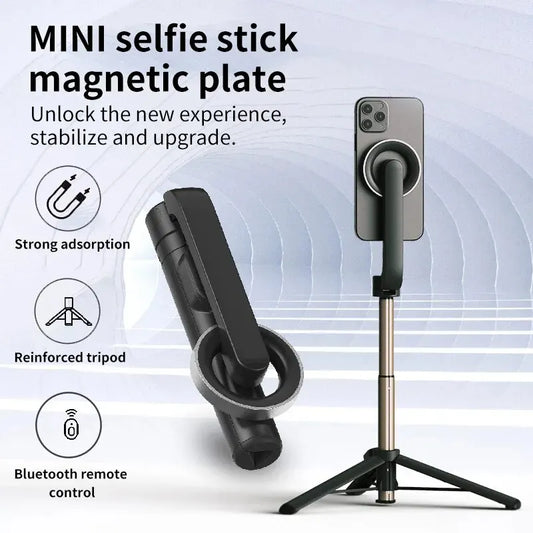 Bluetooth Selfie Stick with Magnetic Mobile Phone Stand - Handheld Camera Stabilizer with Integrated Desktop Triangle Stand for TikTok Live