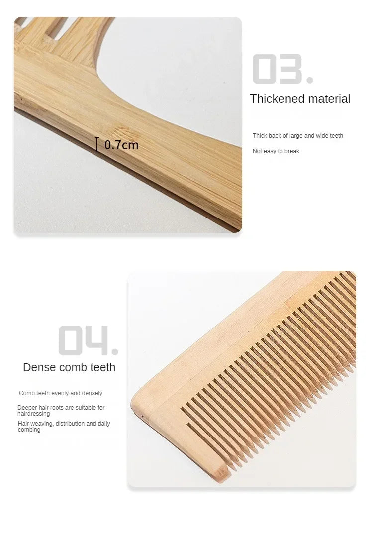 Natural Bamboo Wooden Hair Comb – Anti-Static Afro Fork, Wide Tooth Round Comb & Hair Brush for Women