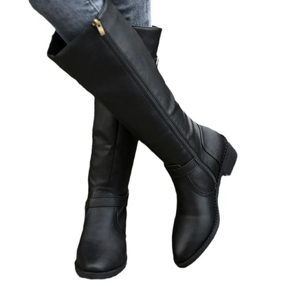 Women’s Winter High-Top Knight Boots – Side Zipper & Belt Buckle, Pointed Toe, PU Material with Cotton Lining