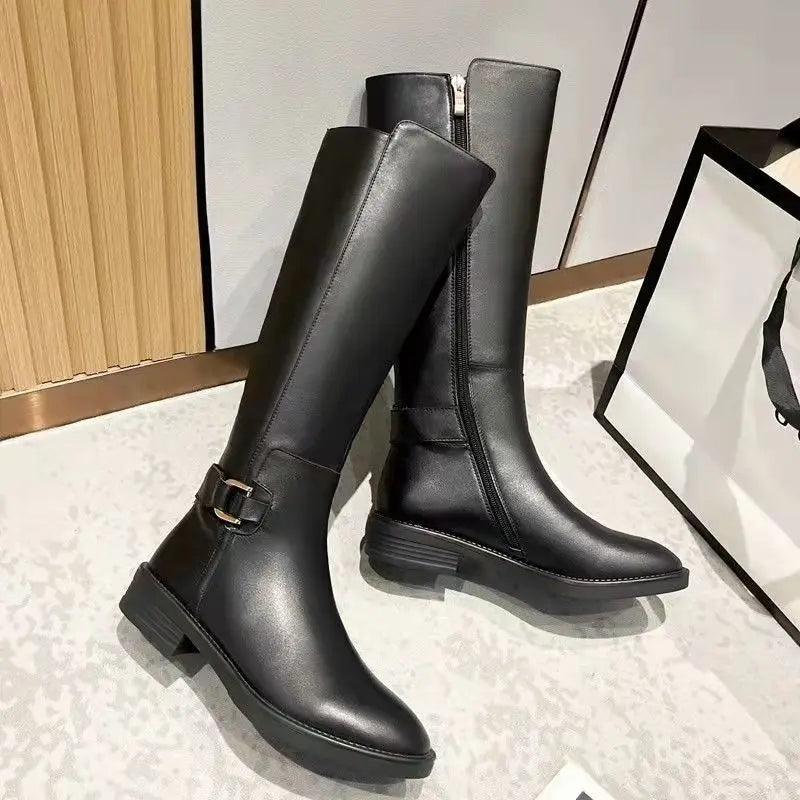 Women’s Black PU Leather Knee-High Boots – Metal Buckle, Fashion Outdoor Long Shoes, Size 34-41