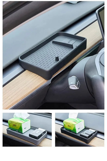 Hidden Behind-Screen Storage Box for Tesla Model 3 & Y – Dashboard Organizer with Tissue Holder, Anti-Slip Mat & Phone Bracket
